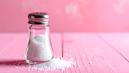Salt and pepper shaker on pink wooden background. Copy space.の素材