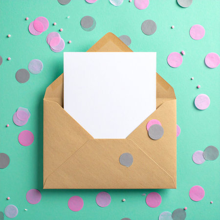 Envelope with blank card and confetti on mint background, top viewの素材