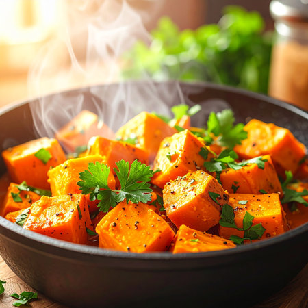 Roasted sweet potato with herbs and spices in a frying pan.の素材