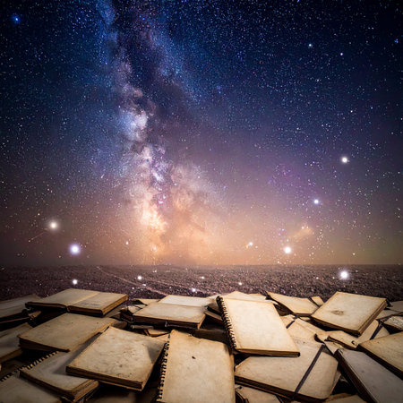 Starry sky with milky way and heap of old books.の素材