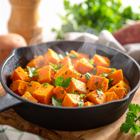 Roasted sweet potato with herbs in a cast-iron frying panの素材