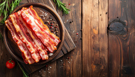 Bacon strips on wooden background, top view, copy space.の素材