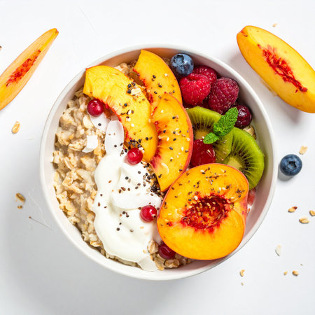 Oatmeal with berries and yogurt on a white background, top viewの素材