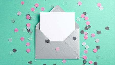 Envelope with blank paper sheet and confetti on mint backgroundの素材