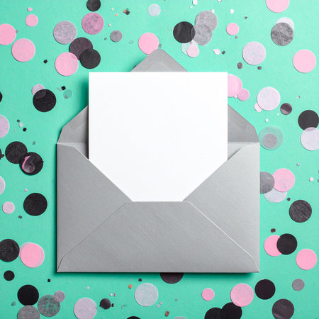 Envelope with blank card on a mint background with confettiの素材