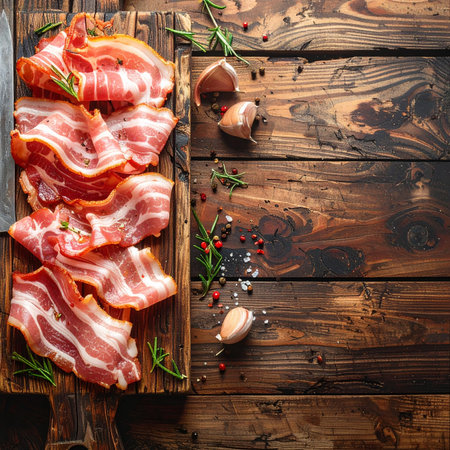 Slices of bacon on a cutting board with rosemary, garlic and pepper on a wooden backgroundの素材