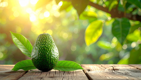 Avocado fruit on wooden table with green leaves and bokeh backgroundの素材