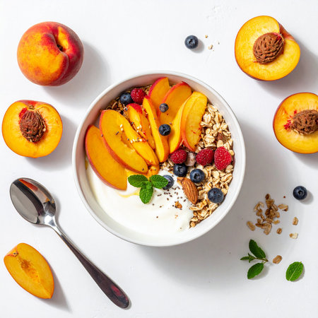 Healthy breakfast bowl with yogurt, granola, peaches and blueberries. Top view, flat layの素材