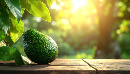 Avocado on wooden table with nature bokeh background, copy spaceの素材