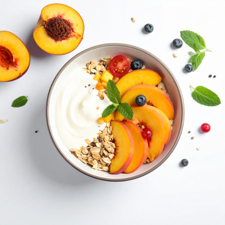 Healthy breakfast bowl with yogurt, berries and granola on white backgroundの素材