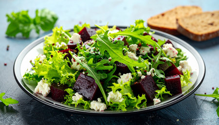 Beetroot salad with feta cheese and arugula on a blue backgroundの素材