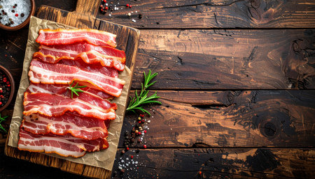 Raw bacon on a cutting board with rosemary. On a wooden background.の素材