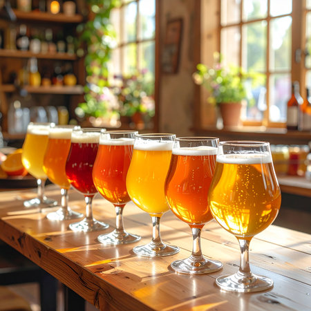 Glasses of different beer on a wooden table in a pub.の素材