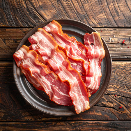 Slices of bacon on a plate on a wooden background.の素材