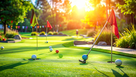 Golf course with flag and ball on green grass, golf course in the morningの素材