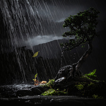 Bonsai tree in rain at night. Bonsai conceptの素材