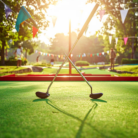 Golf club on green grass in golf course with sun flare.の素材
