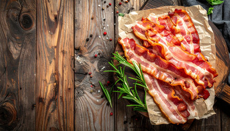 Slices of bacon on a cutting board. On a wooden background.の素材