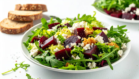Beetroot salad with arugula, feta cheese and breadの素材