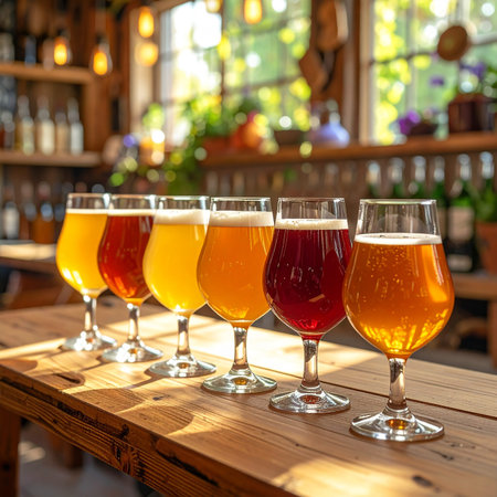 Glasses with different types of beer on a wooden table in a pubの素材