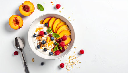 Healthy breakfast bowl with oatmeal, fresh berries, peaches and mint on white background. Top view, copy spaceの素材