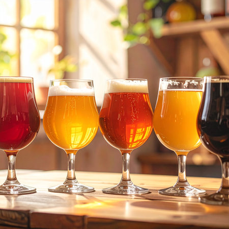 Glasses of different beer on wooden table in pub, closeupの素材