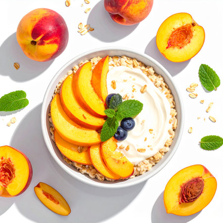 Oatmeal with peaches, blueberries and granola in bowl on white backgroundの素材
