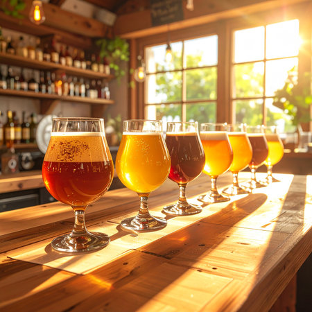 Glasses of different beer on wooden table in pub, closeupの素材