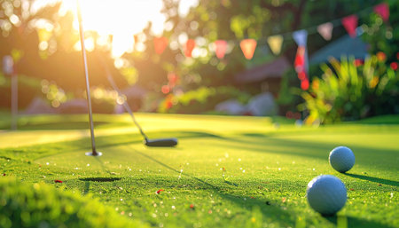 Golf ball on green grass in golf course with sun light and bokeh backgroundの素材