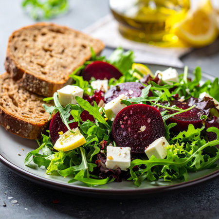 Beetroot salad with arugula, feta cheese and olive oilの素材