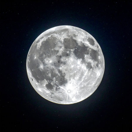 Full moon in the night sky. Close up view of the moon.の素材