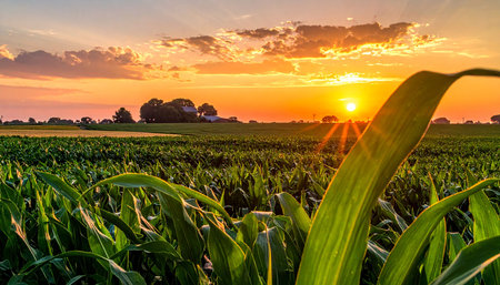Sunset over corn field in summer. Landscape with corn field at sunset.の素材