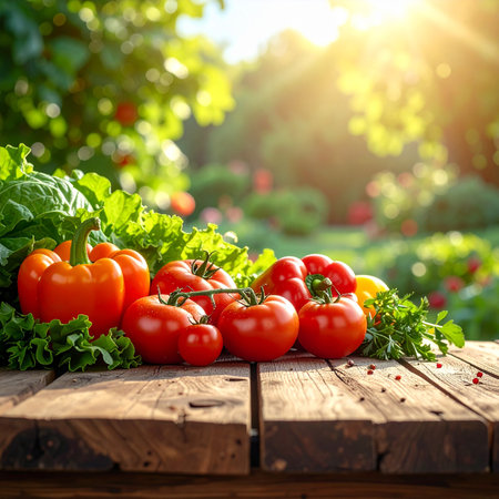 Fresh vegetables on a wooden table in the garden. Selective focus. nature.の素材