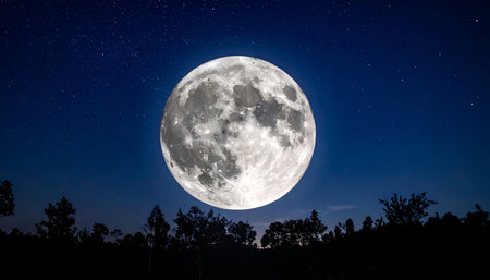 Full moon in the night sky with stars and silhouette of trees.の素材