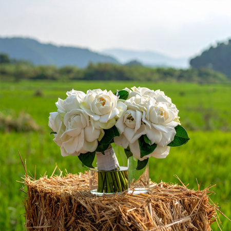 Wedding bouquet of white roses in glass vase on rice fieldの素材