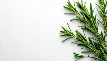 Fresh rosemary on white background. Top view with copy space.の素材