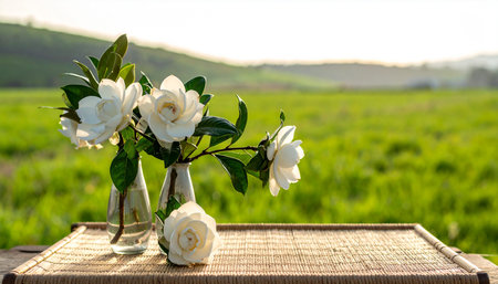 Bouquet of white roses in a vase on a wooden tableの素材