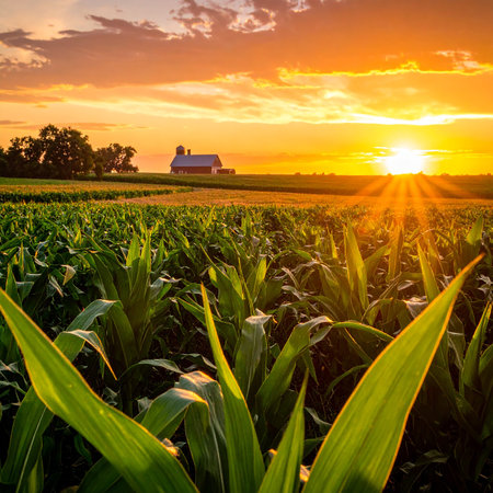 Corn field and barn at sunset. Beautiful landscape with corn field at sunset.の素材