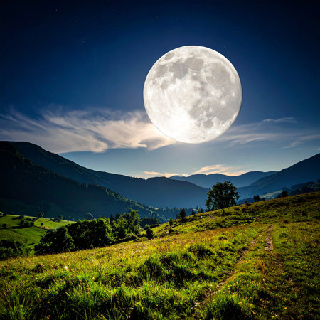 mountain summer landscape. grassy meadow on hillside at night under full moonの素材