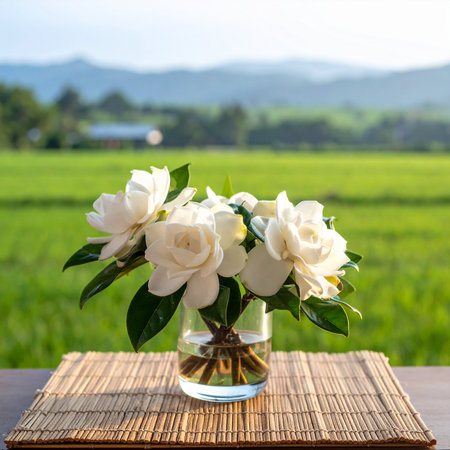 Bouquet of white jasmine flowers in vase on wooden table with rice field backgroundの素材