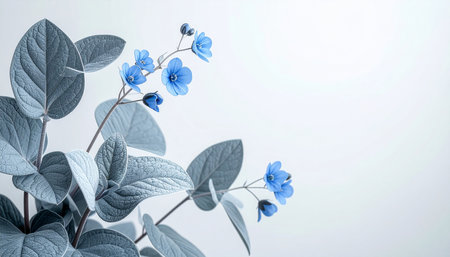 Blue flowers on white background with copy space. Floral background.の素材