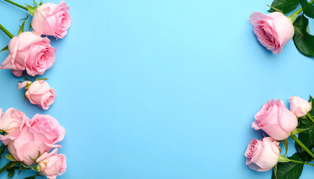 Frame made of pink roses on blue background, flat lay. Space for textの素材