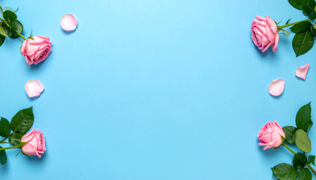 Pink roses on blue background. Flat lay, top view, copy spaceの素材