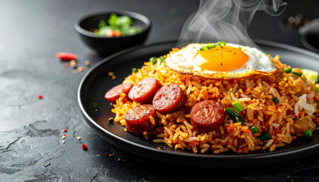 Fried rice with sausages and fried egg on black plateの素材