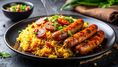 Grilled sausages with rice and vegetables on black plate.の素材