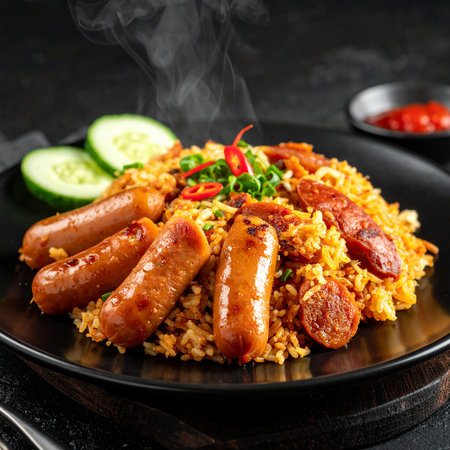 Fried rice with sausages on a plate on a black backgroundの素材