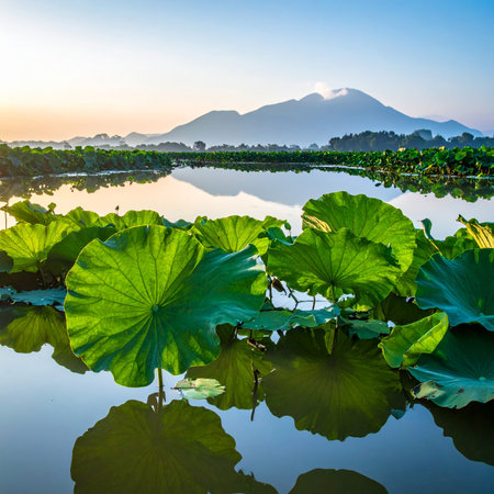Lotus leaf and mountain at sunrise in the lake, Thailand.の素材