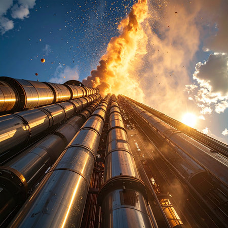 Industrial scene with huge chimneys and fire in the sky.の素材
