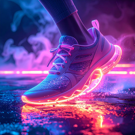 Sneakers in neon light. Sport concept. 3D Renderingの素材