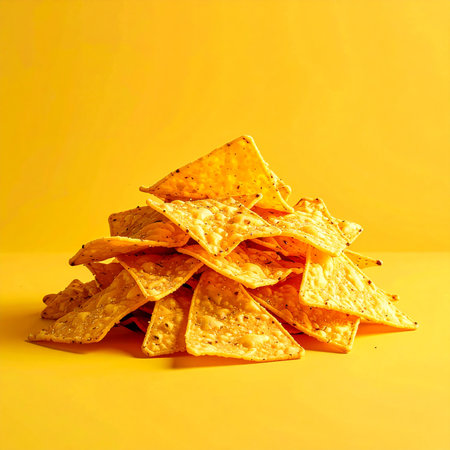 Mexican corn tortilla chips on yellow background. Copy space.の素材
